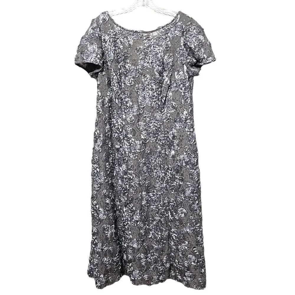 ALEX EVENINGS Rosette A-Line Midi Dress Gown in Dove Gray 10